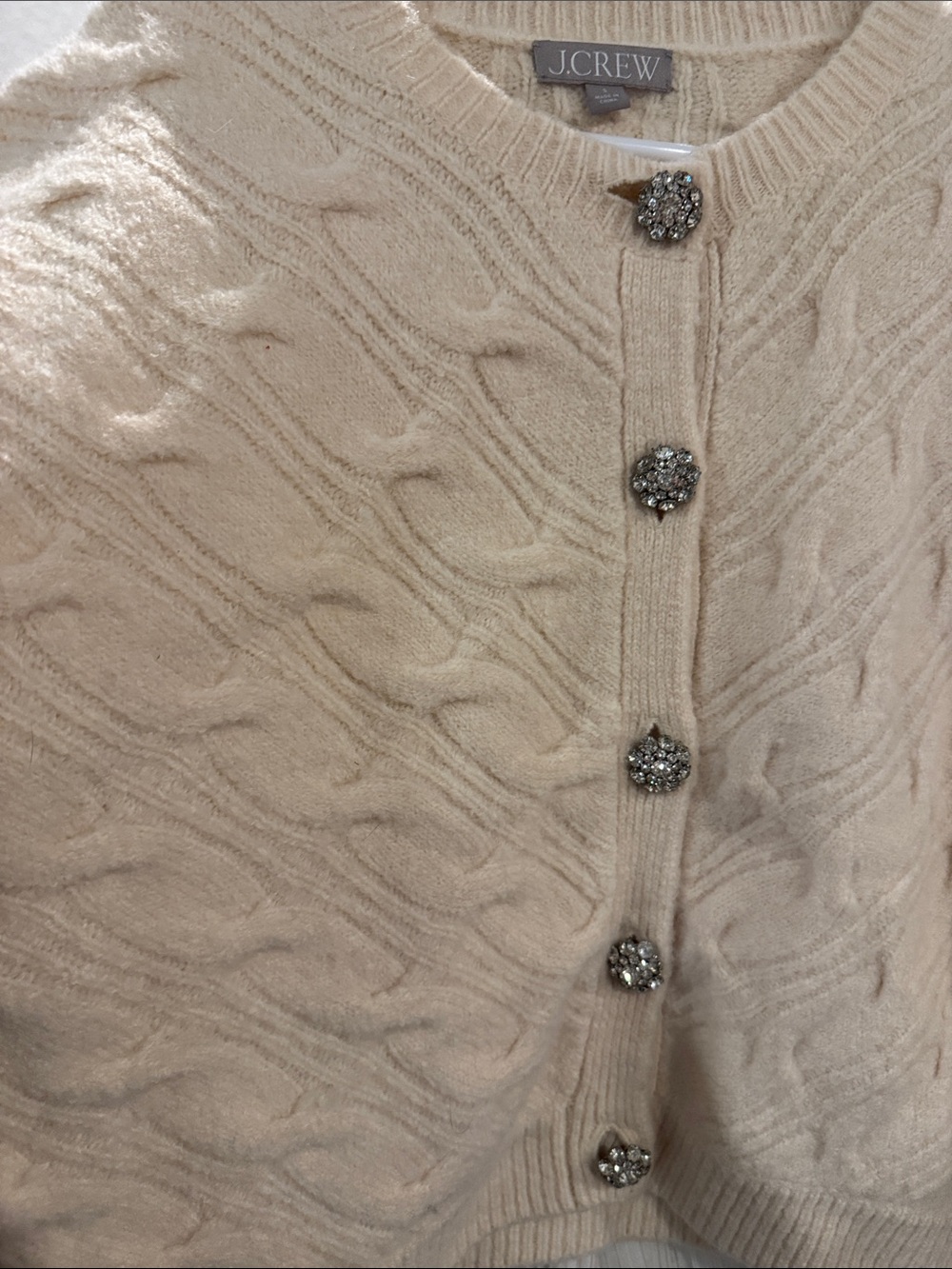 J. Crew Ivory Cable-Knit Cardigan with Rhinestone Buttons - Picture 3 of 5